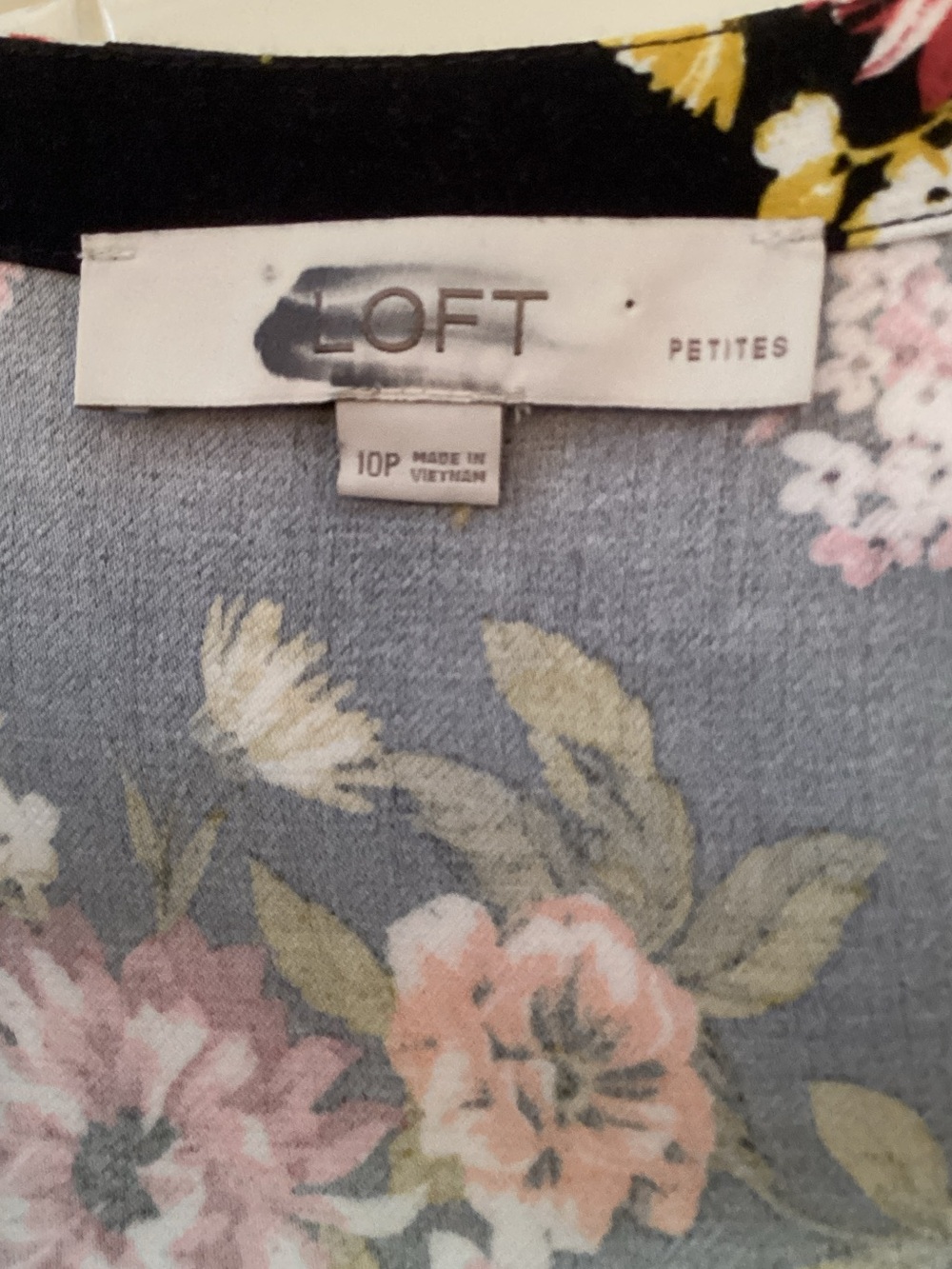 LOFT Petite Floral Blouse in Gray with Pink & Cream Flowers
